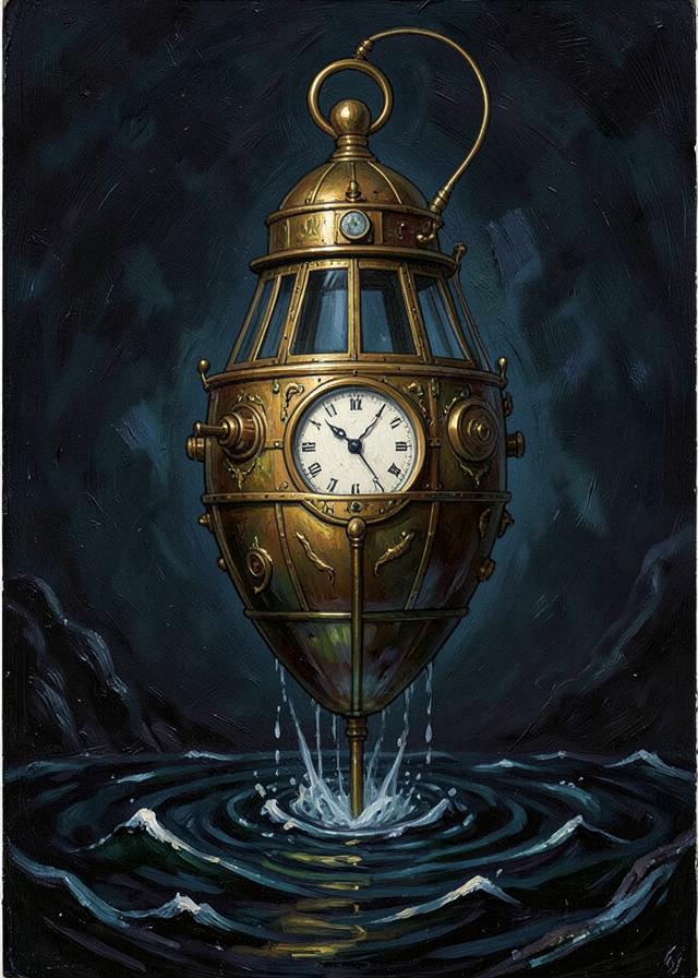 A pocket-watch submarine descending into dark water