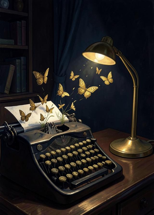 A typewriter releasing brass butterflies