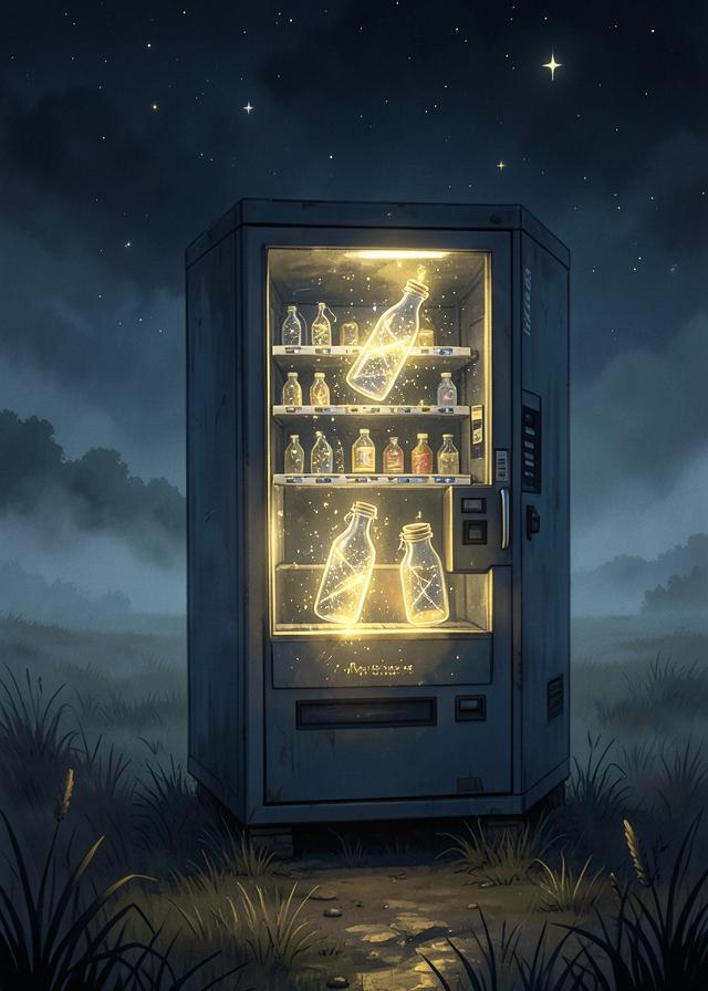 A vending machine in a field selling bottled constellations