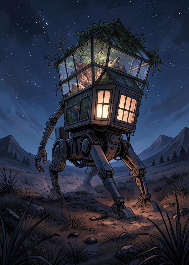 A walking machine with a greenhouse head crossing a moor