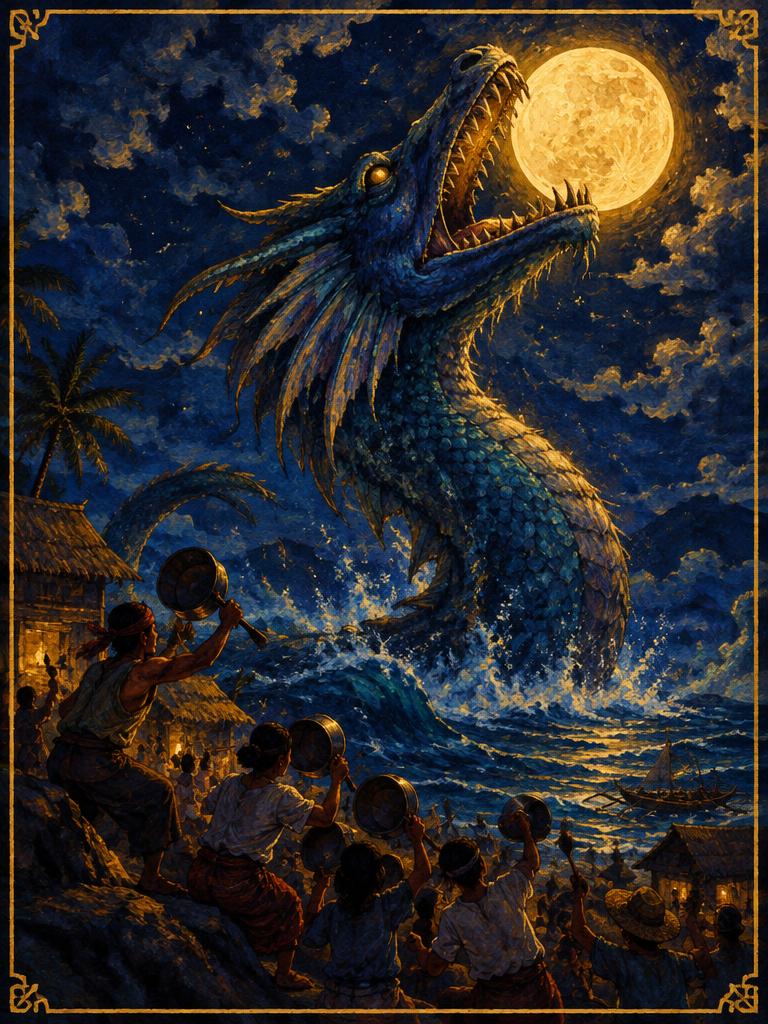 A sea serpent swallowing the moon