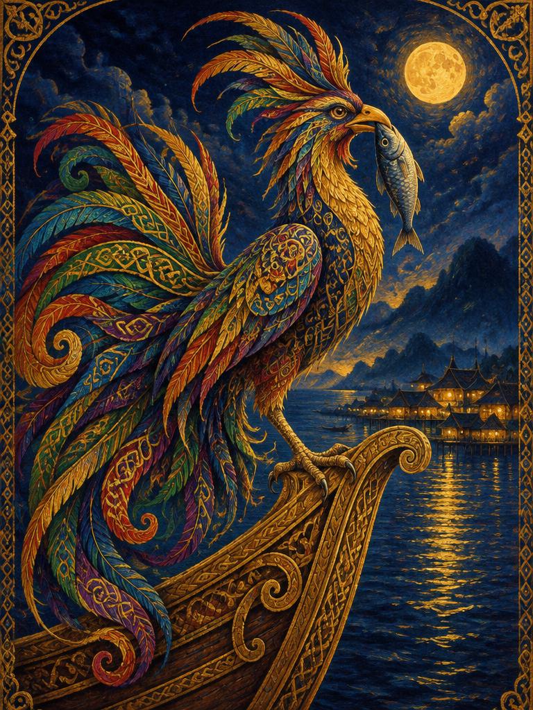An ornate legendary bird on a boat prow