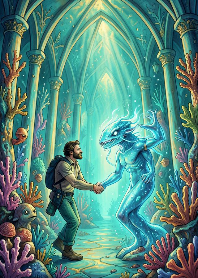 A diver shaking hands with a glowing sea creature