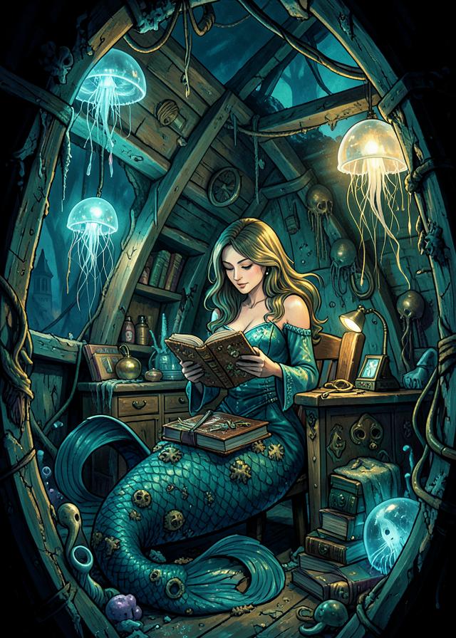 A mermaid reading in a shipwreck library