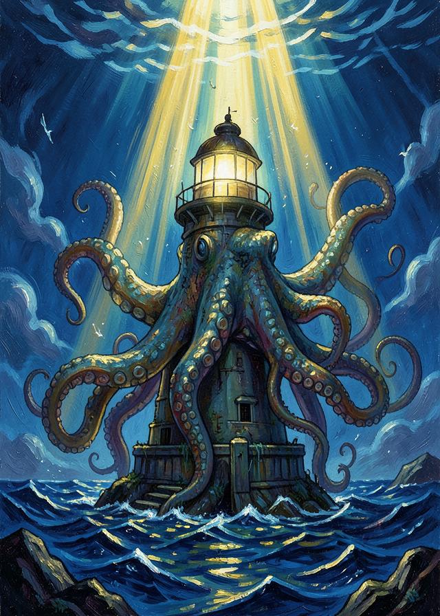 A giant octopus wrapped around a lighthouse