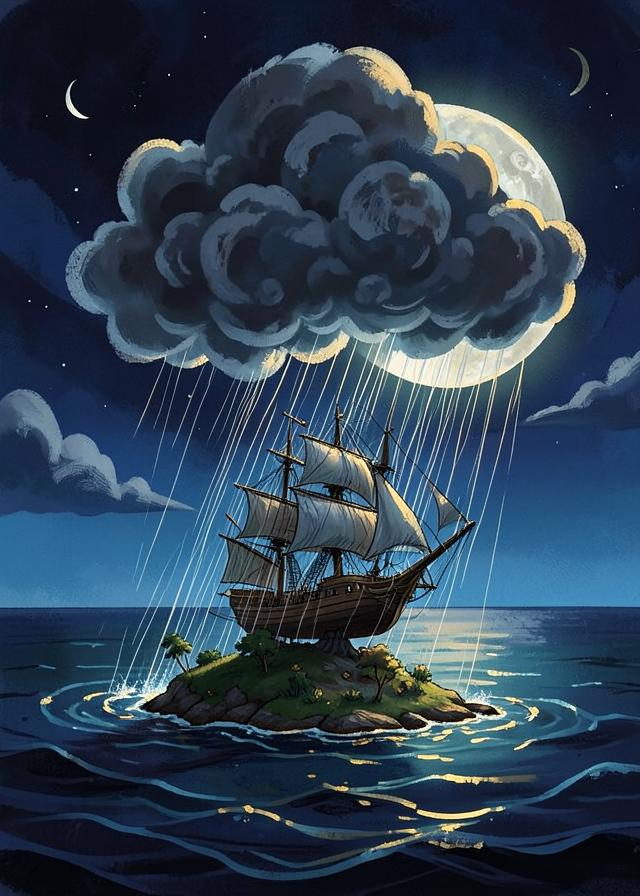 A storm cloud shaped like a ship raining on an island
