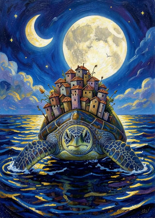 A sea turtle carrying a village on its shell
