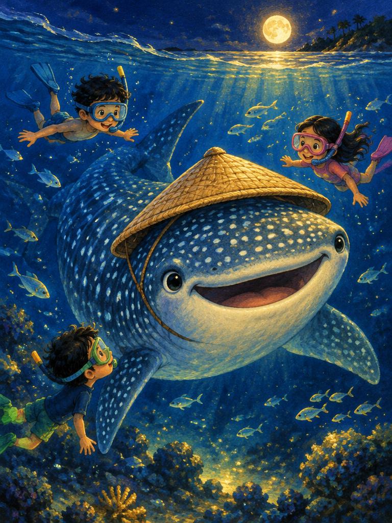A whale shark in a salakot hat