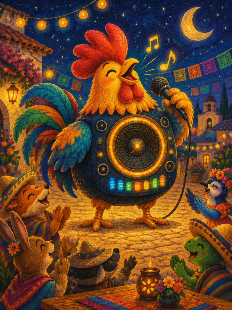 A karaoke speaker rooster