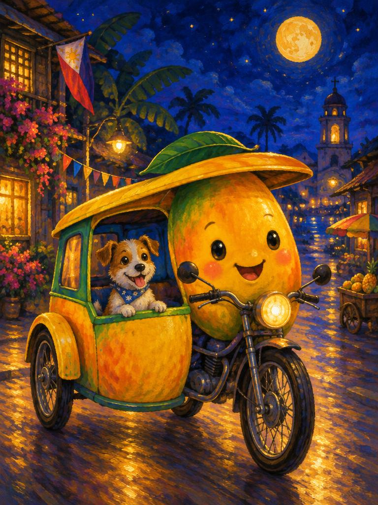 A mango tricycle with a puppy