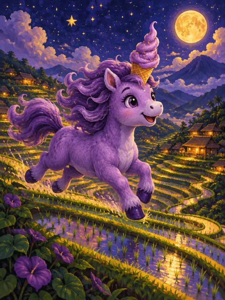 An ube unicorn on rice terraces