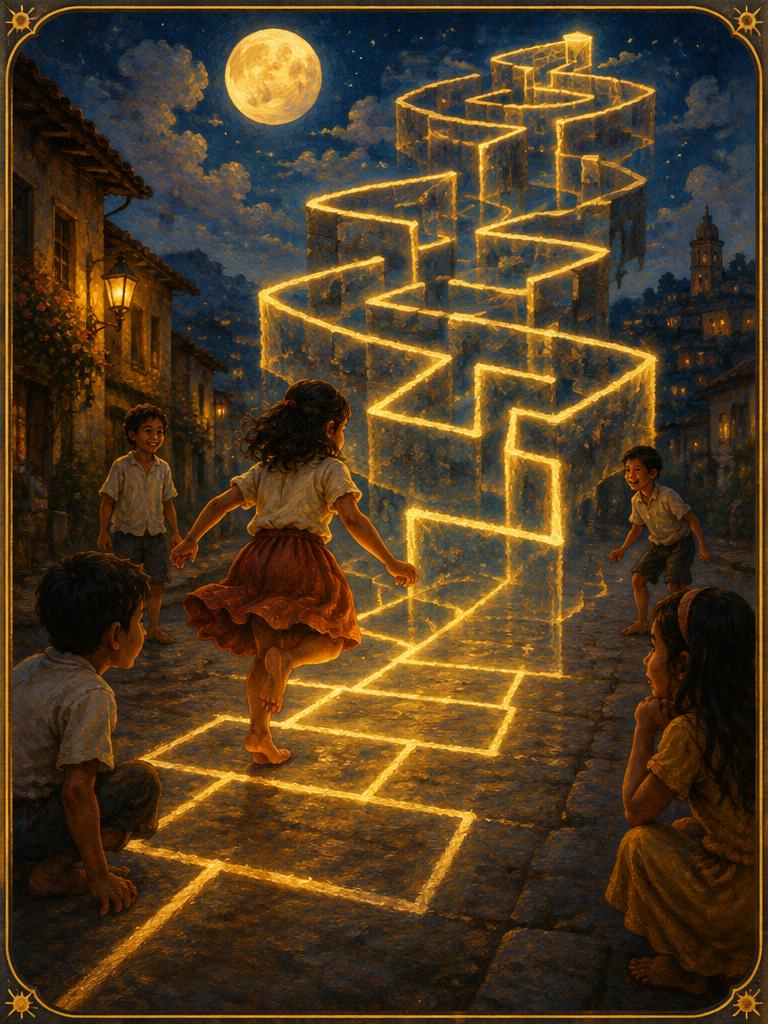 Chalk lines rising into a labyrinth
