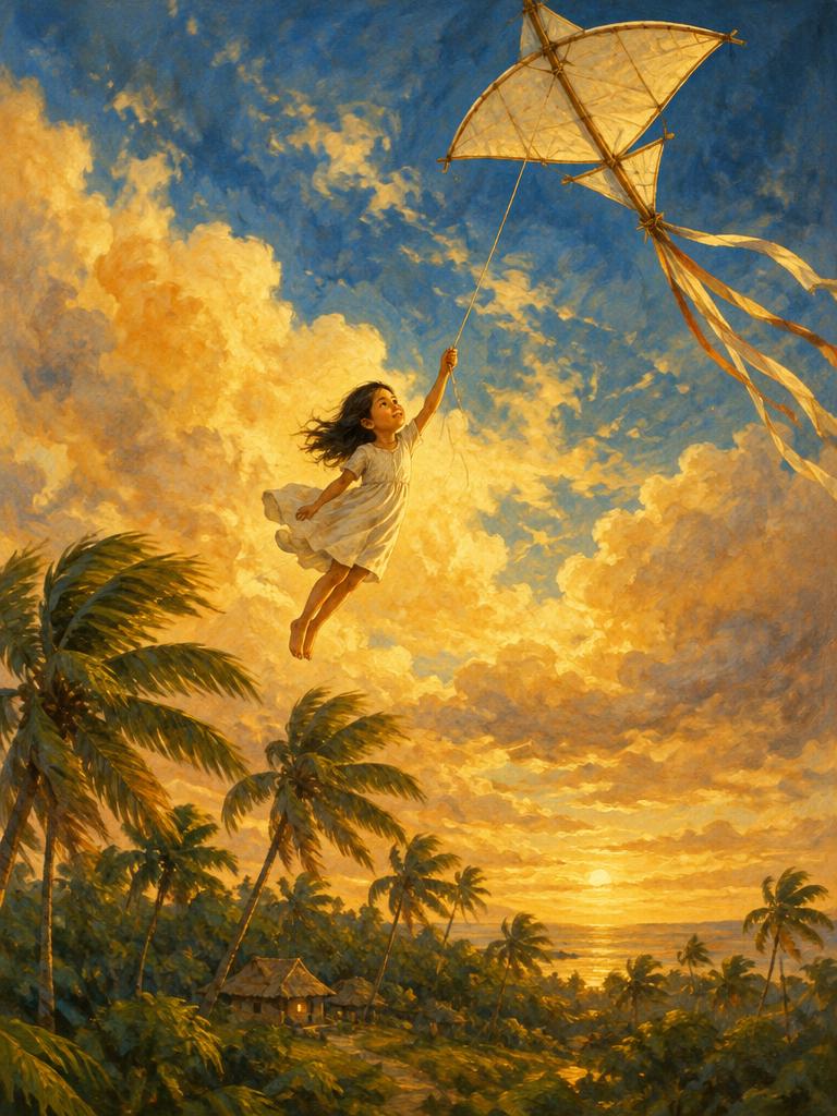 A kite lifting a girl into the clouds