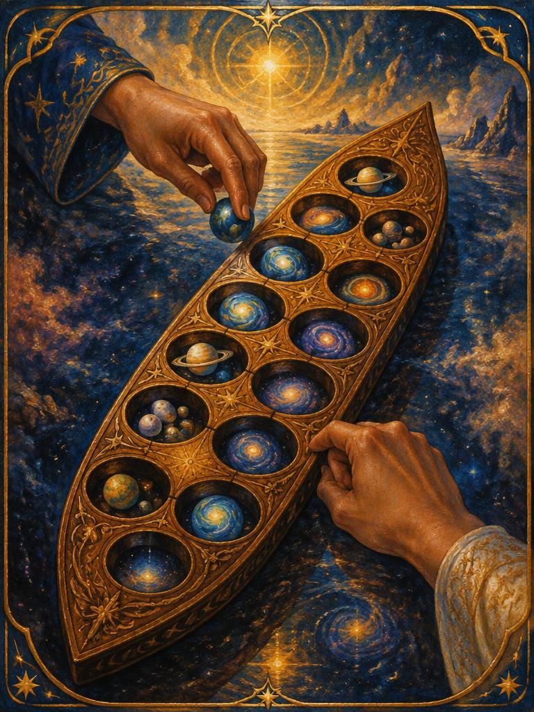 A sungka board of planets
