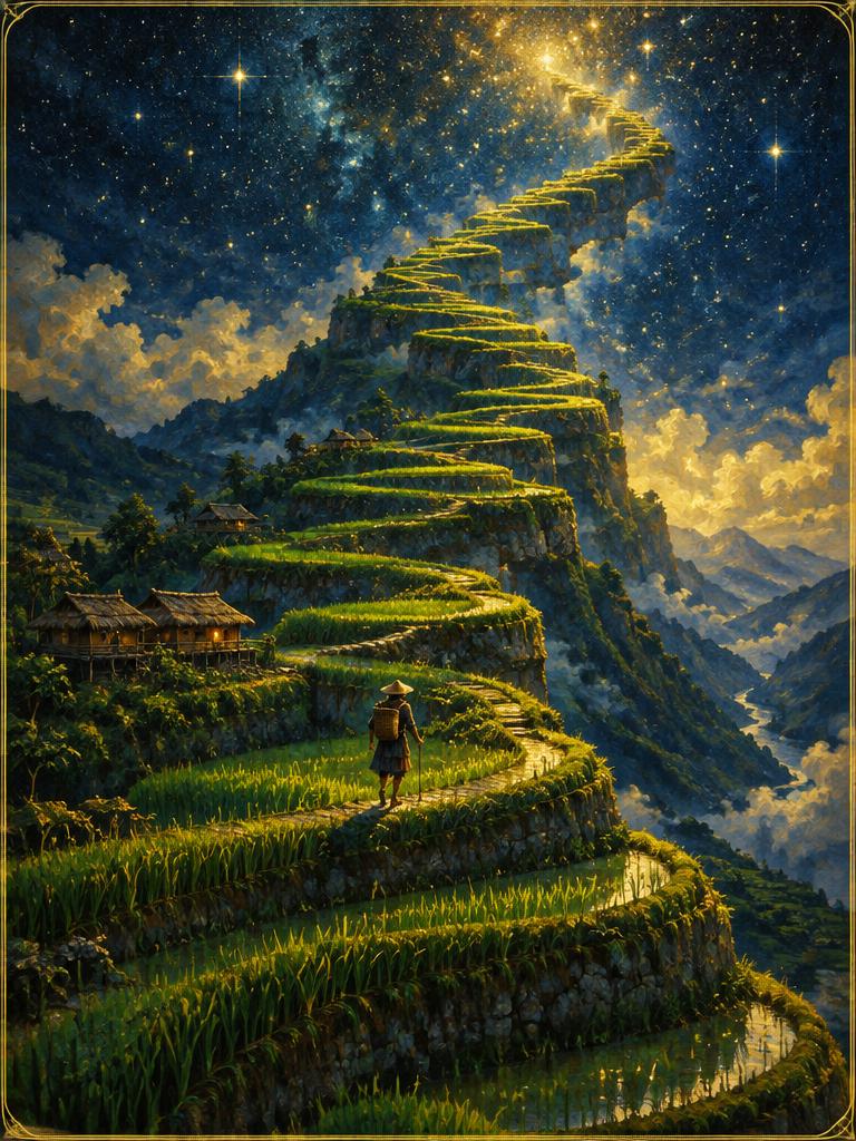 Rice terraces climbing into the stars