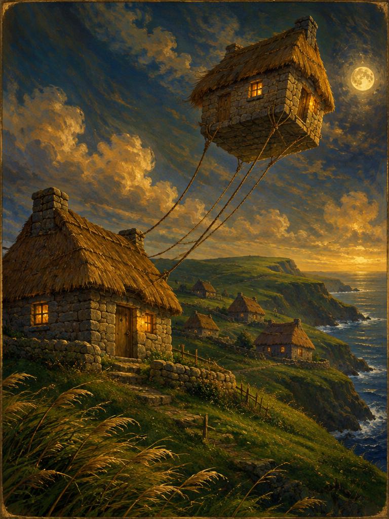 A stone house floating on ropes