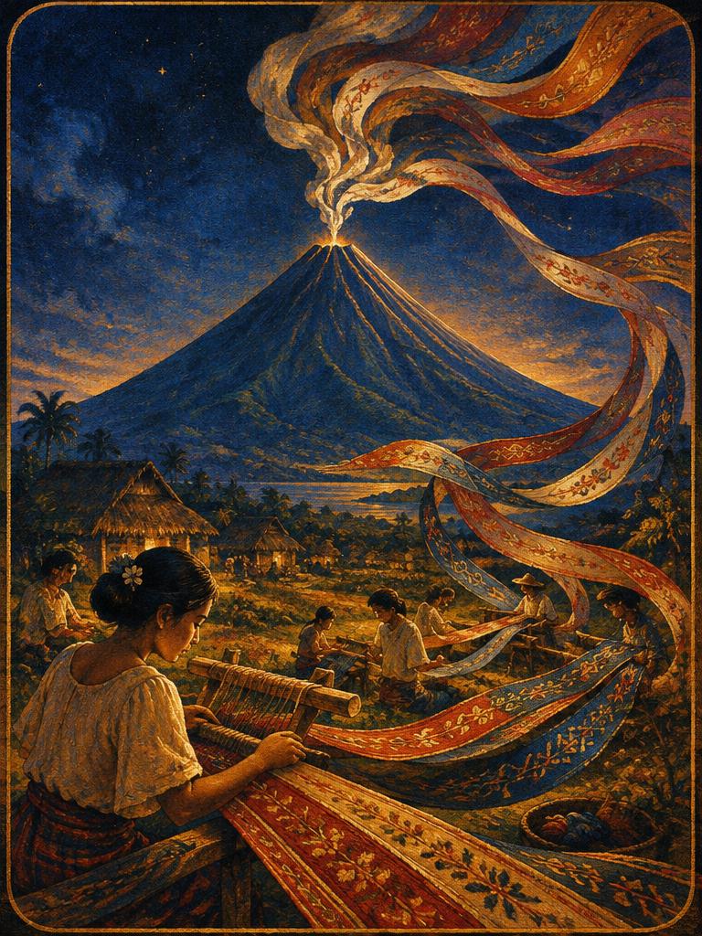 Volcano smoke unravelling into woven cloth