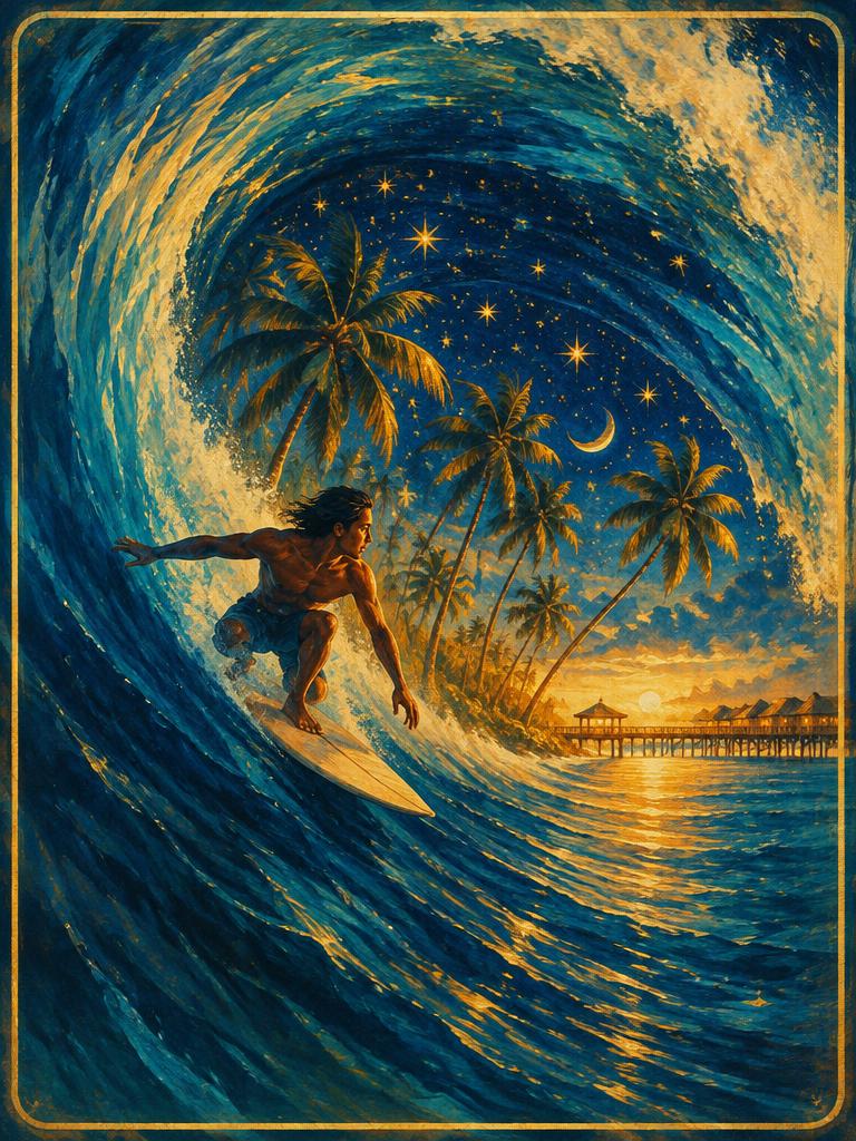 A surfer inside a wave full of stars