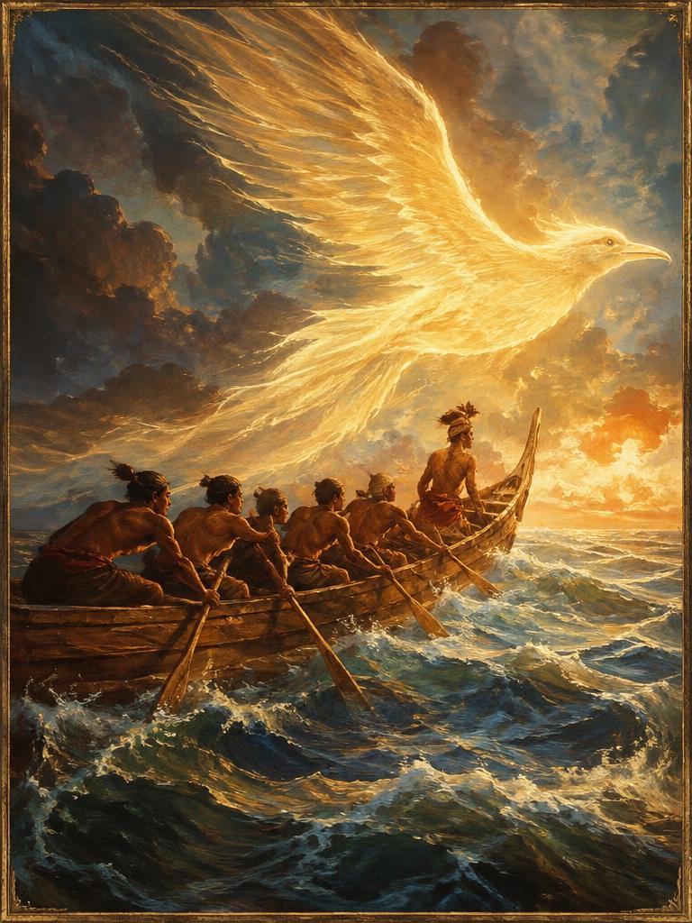 A balangay guided by a bird of light