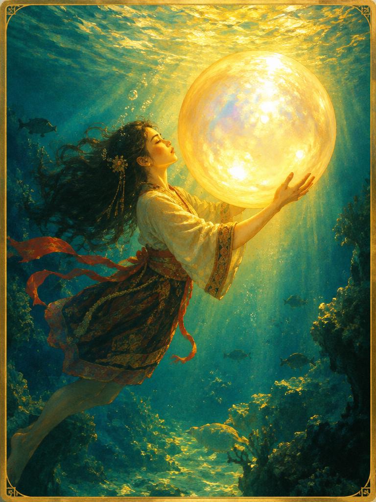 A diver holding a moon-sized pearl