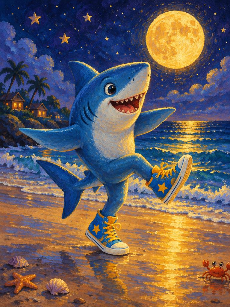 A shark walking on the beach in sneakers