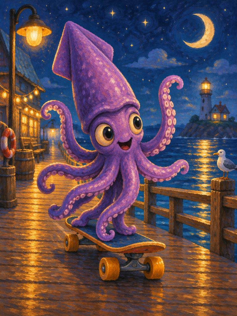 A squid skateboarding